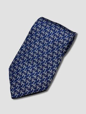 HERMES BLUE HORSESHOES PRINT SILK NECKTIE